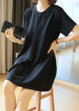 Momentlover Black Cotton A Line Dress O-Neck Wrinkled Summer LY1422