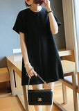 Momentlover Black Cotton A Line Dress O-Neck Wrinkled Summer LY1422