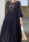 Momentlover Black Patchwork Cotton Dress O Neck Wrinkled Summer LY1769