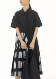 Momentlover Black Patchwork Cotton Dresses Peter Pan Collar Wrinkled Summer LY1149