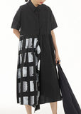 Momentlover Black Patchwork Cotton Dresses Peter Pan Collar Wrinkled Summer LY1149