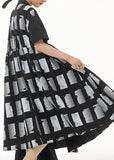 Momentlover Black Patchwork Cotton Dresses Peter Pan Collar Wrinkled Summer LY1149
