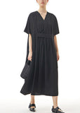 Momentlover Black Patchwork Cotton Long Dresses V Neck Wrinkled Summer LY1156