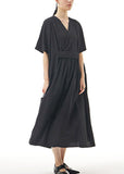 Momentlover Black Patchwork Cotton Long Dresses V Neck Wrinkled Summer LY1156