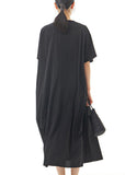 Momentlover Black Patchwork Cotton Long Dresses V Neck Wrinkled Summer LY1156