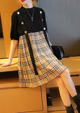 Momentlover Black Patchwork Knit Fake Two Piece Dress Oversized Plaid Summer LY1449