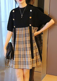 Momentlover Black Patchwork Knit Fake Two Piece Dress Oversized Plaid Summer LY1449