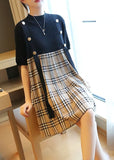 Momentlover Black Patchwork Knit Fake Two Piece Dress Oversized Plaid Summer LY1449