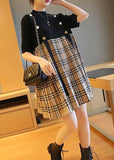 Momentlover Black Patchwork Knit Fake Two Piece Dress Oversized Plaid Summer LY1449