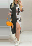 Momentlover Black Patchwork Print Chiffon Shirts Dress Button Spring LY1971