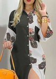 Momentlover Black Patchwork Print Chiffon Shirts Dress Button Spring LY1971
