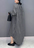 Momentlover Black Plaid Cotton Robe Dresses Stand Collar Oversized Spring LY1577
