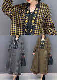 Momentlover Black Plaid Cotton Robe Dresses Stand Collar Oversized Spring LY1577