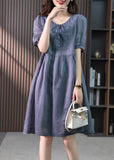 Momentlover Blue Patchwork Neck Tie Linen Maxi Dresses Short Sleeve LY1754
