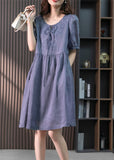 Momentlover Blue Patchwork Neck Tie Linen Maxi Dresses Short Sleeve LY1754