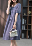 Momentlover Blue Patchwork Neck Tie Linen Maxi Dresses Short Sleeve LY1754