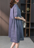 Momentlover Blue Patchwork Neck Tie Linen Maxi Dresses Short Sleeve LY1754
