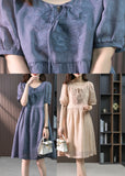 Momentlover Blue Patchwork Neck Tie Linen Maxi Dresses Short Sleeve LY1754