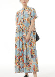 Momentlover Blue Print Patchwork Chiffon Dress Stand Collar Wrinkled Summer LY1229