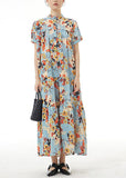 Momentlover Blue Print Patchwork Chiffon Dress Stand Collar Wrinkled Summer LY1229