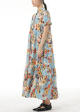 Momentlover Blue Print Patchwork Chiffon Dress Stand Collar Wrinkled Summer LY1229