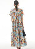 Momentlover Blue Print Patchwork Chiffon Dress Stand Collar Wrinkled Summer LY1229