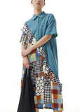 Momentlover Blue Print Patchwork Chiffon Shirts Dress Ruffled Summer LY1142