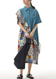 Momentlover Blue Print Patchwork Chiffon Shirts Dress Ruffled Summer LY1142