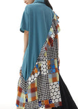 Momentlover Blue Print Patchwork Chiffon Shirts Dress Ruffled Summer LY1142