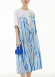 Momentlover Blue Print Patchwork Cotton Dress Wrinkled False Two Pieces Summer LY1221