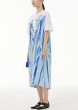 Momentlover Blue Print Patchwork Cotton Dress Wrinkled False Two Pieces Summer LY1221
