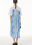 Momentlover Blue Print Patchwork Cotton Dress Wrinkled False Two Pieces Summer LY1221