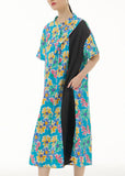 Momentlover Blue Print Patchwork Cotton Shirts Dresses Stand Collar Summer LY1279