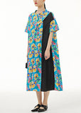Momentlover Blue Print Patchwork Cotton Shirts Dresses Stand Collar Summer LY1279