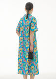 Momentlover Blue Print Patchwork Cotton Shirts Dresses Stand Collar Summer LY1279