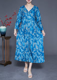 Momentlover Blue Print Silk Holiday Dresses V Neck Oversized Spring LY1947