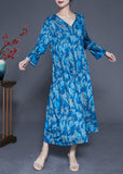 Momentlover Blue Print Silk Holiday Dresses V Neck Oversized Spring LY1947
