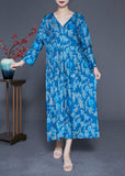 Momentlover Blue Print Silk Holiday Dresses V Neck Oversized Spring LY1947