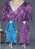 Momentlover Blue Print Silk Holiday Dresses V Neck Oversized Spring LY1947