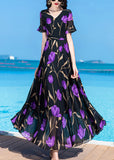 Momentlover Bohemian Black Print Tunic Silk Maxi Traveling Dress Short Sleeve LY1767