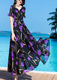 Momentlover Bohemian Black Print Tunic Silk Maxi Traveling Dress Short Sleeve LY1767