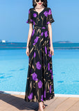 Momentlover Bohemian Black Print Tunic Silk Maxi Traveling Dress Short Sleeve LY1767