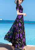 Momentlover Bohemian Black Print Tunic Silk Maxi Traveling Dress Short Sleeve LY1767