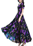 Momentlover Bohemian Black Print Tunic Silk Maxi Traveling Dress Short Sleeve LY1767