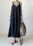 Momentlover Bohemian Black Ruffled Patchwork Spaghetti Strap Cotton Dresses Sleeveless LY1741