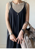 Momentlover Bohemian Black Ruffled Patchwork Spaghetti Strap Cotton Dresses Sleeveless LY1741