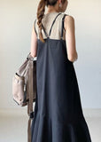 Momentlover Bohemian Black Ruffled Patchwork Spaghetti Strap Cotton Dresses Sleeveless LY1741
