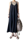 Momentlover Bohemian Black Ruffled Patchwork Spaghetti Strap Cotton Dresses Sleeveless LY1741