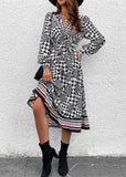 Momentlover Bohemian Black V Neck Print Patchwork Chiffon Dresses Spring LY1921