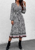 Momentlover Bohemian Black V Neck Print Patchwork Chiffon Dresses Spring LY1921